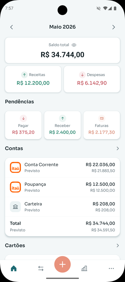 Tela inicial do Kontto mostrando saldo total, receitas, despesas e pendências do mês
